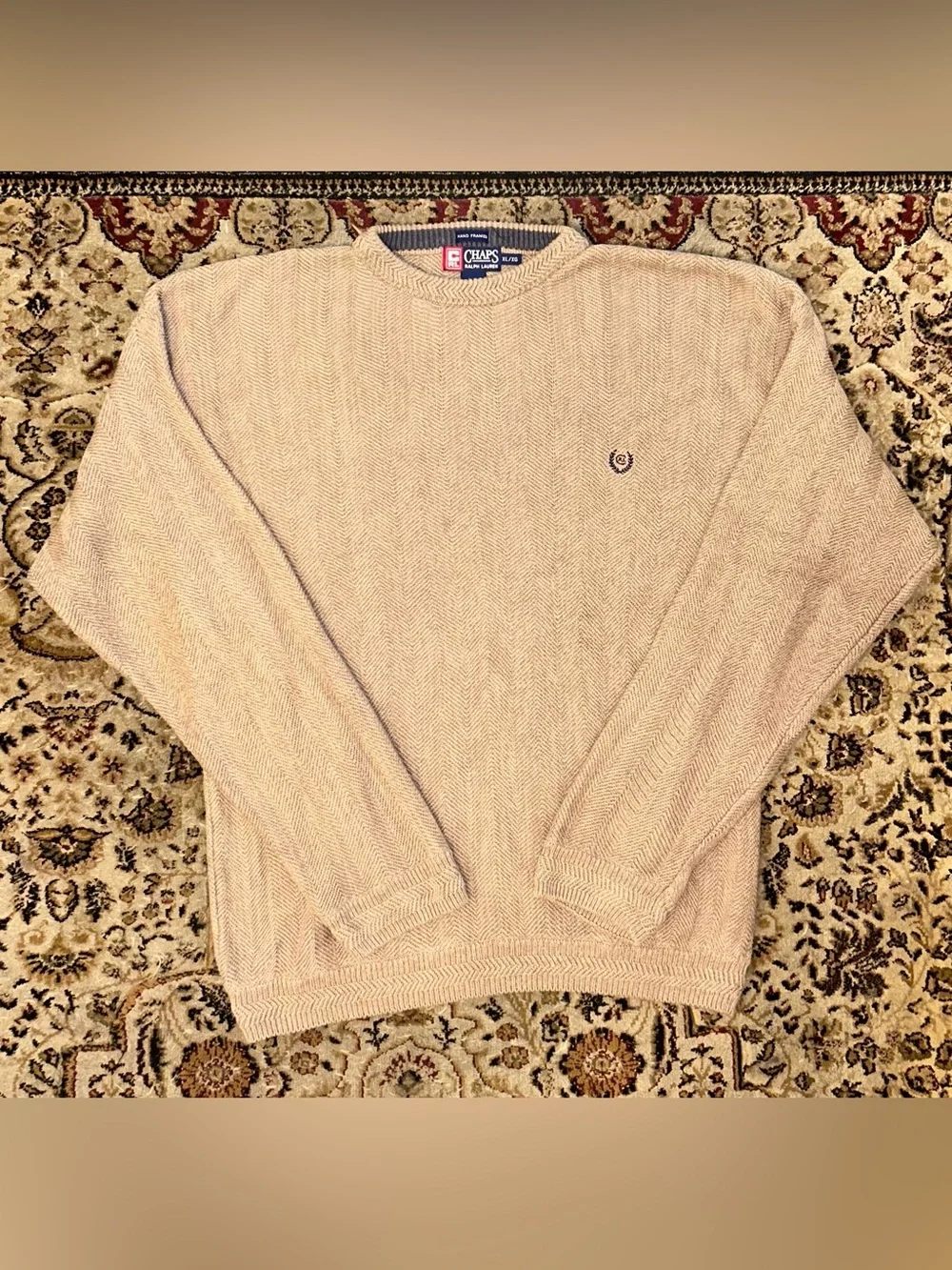 VTG 90 Chaps Ralph Lauren beige Herringbone Knit Sweater Men Crest Hand Frame